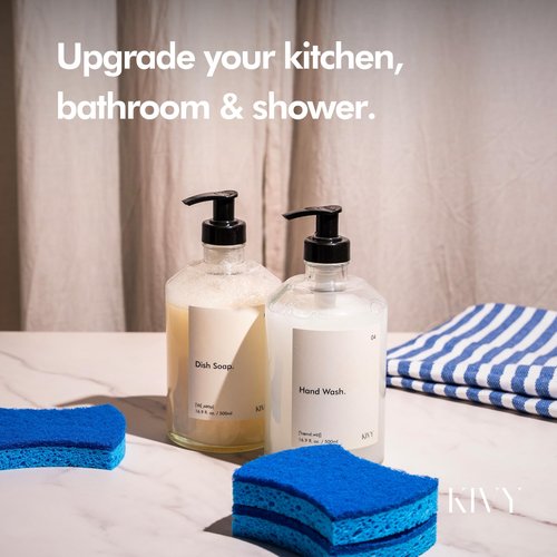 KIVY Glass Soap Dispenser Set [INCL. Waterproof Labels] - Glass Soap Dispenser with Pump - Hand Soap and Dish Soap Set - for Kitchen, Shower & Bathroom - Refillable (2X 16oz)