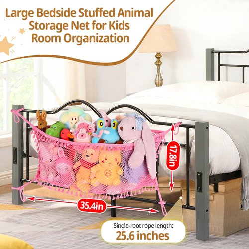 Erogeen Stuffed Animal Storage Net, Large Bedside Toy Organizer Net, Cotton Plushie Toy Storage Hammock with Tether for Stuffed Animals Room Organization (Pink, 2 Pack)
