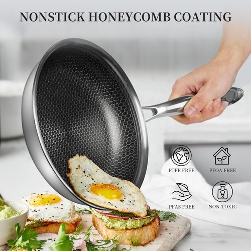 Innerwell Tri-Ply Stainless Steel Frying Pan Set with Lid,9.5Inch 11Inch Nonstick Honeycomb Stainless Steel Cooking Pan Set of 2 Skillet Works Pan for Cooking with Induction Gas Stovetops