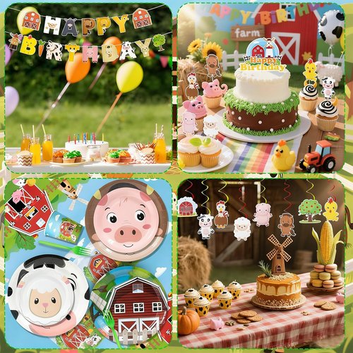 Farm Animals Birthday Decorations,161pcs Party Decorations Include Tablecloth,Plate and Napkin,Cup,Fork,Banner,Balloon,Cake Topper,Hanging Swirls, Farm Animals Themed Party Decorations Serve 24