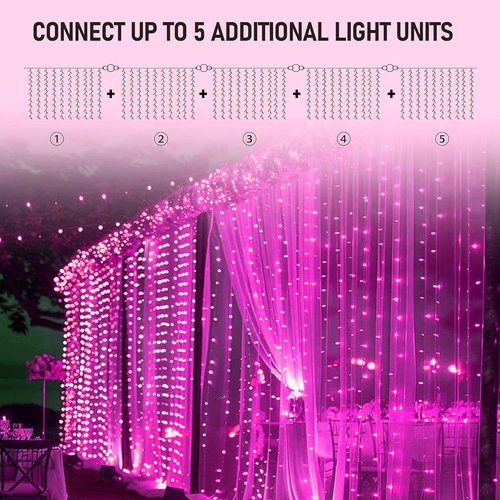 Dazzle Bright 300 LED Curtain String Lights - Waterproof Fairy Lights with 8 Modes | Pink for Bedroom & Party Decor