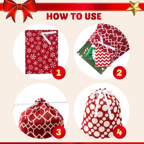 JOYIN Fabric Gift Bags - Elegant Red Design | 6-Pack in 3 Sizes for Holiday Present Giving