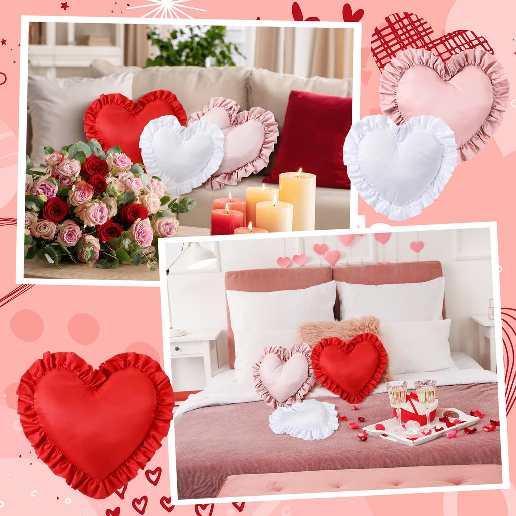 Tingjoo Heart Shaped Throw Pillow Set of 3, Ruffle Valentine's Day Pillows for Couch Sofa Bed, Red Pink White Love Decorative Plush Cushions, Cute Romantic Anniversary Home Decor, Gift for Her