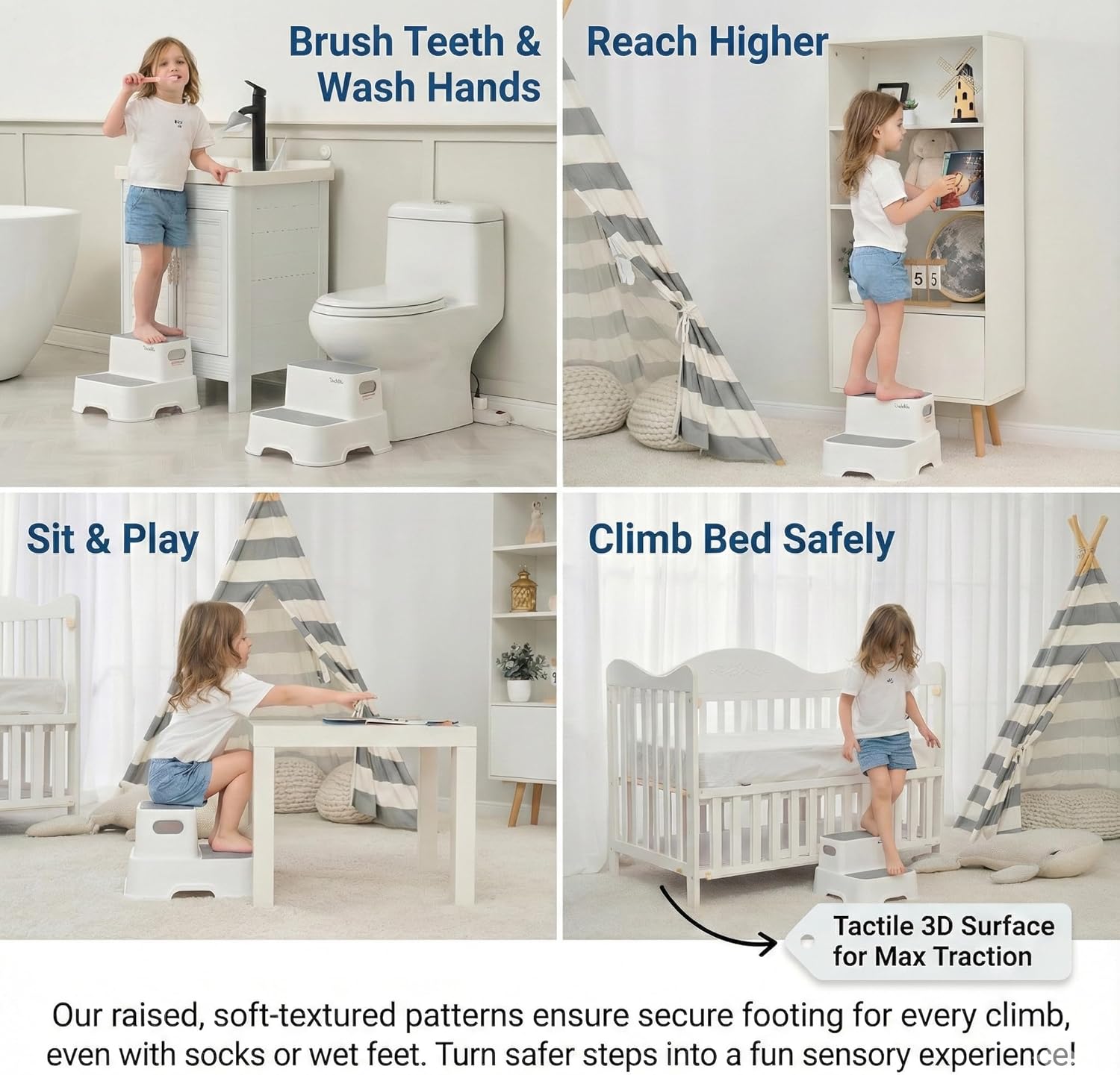 Skiennix 2-Pack Kids Step Stool - Non-Slip Toddler Bathroom & Kitchen Stool | Heavy Duty 200lbs (Grey)