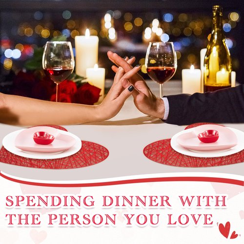 Jinei 16 Pcs Valentine‘s Day Tableware Set Include Large Pink Heart Ceramic Flat Plates White Dinner Ceramic Plates Red Heart Dish Bowls and Place Mats for Wedding Anniversary Party Decorations