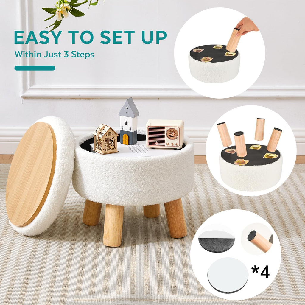 FIMIVIBI Small Ottoman with Storage, Small Storage Ottoman Round, Sherpa Foot Stool with Legs, Ottomans and Footstools for Living Room and Entryway (White)