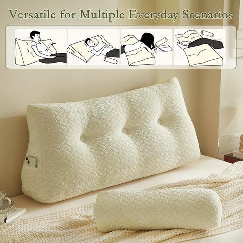 YOUR MOON Wedge Headboard Pillow Twin Size, Triangular Wedge Backrest Pillow with 1 Pack Neck Roll Pillows, Headboard Pillow for Bed,Daybed,and Lounging, Large Bed Bolster Pillows,Off White
