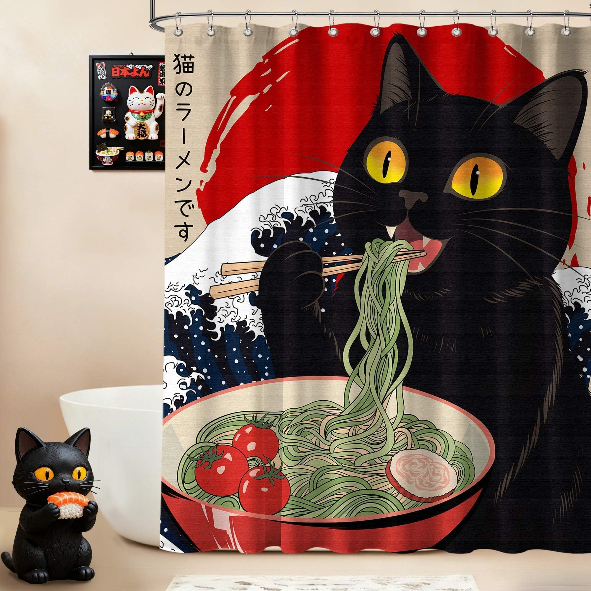 puuiui Funny Cat Shower Curtain Japanese Anime, 70x72 Inch
