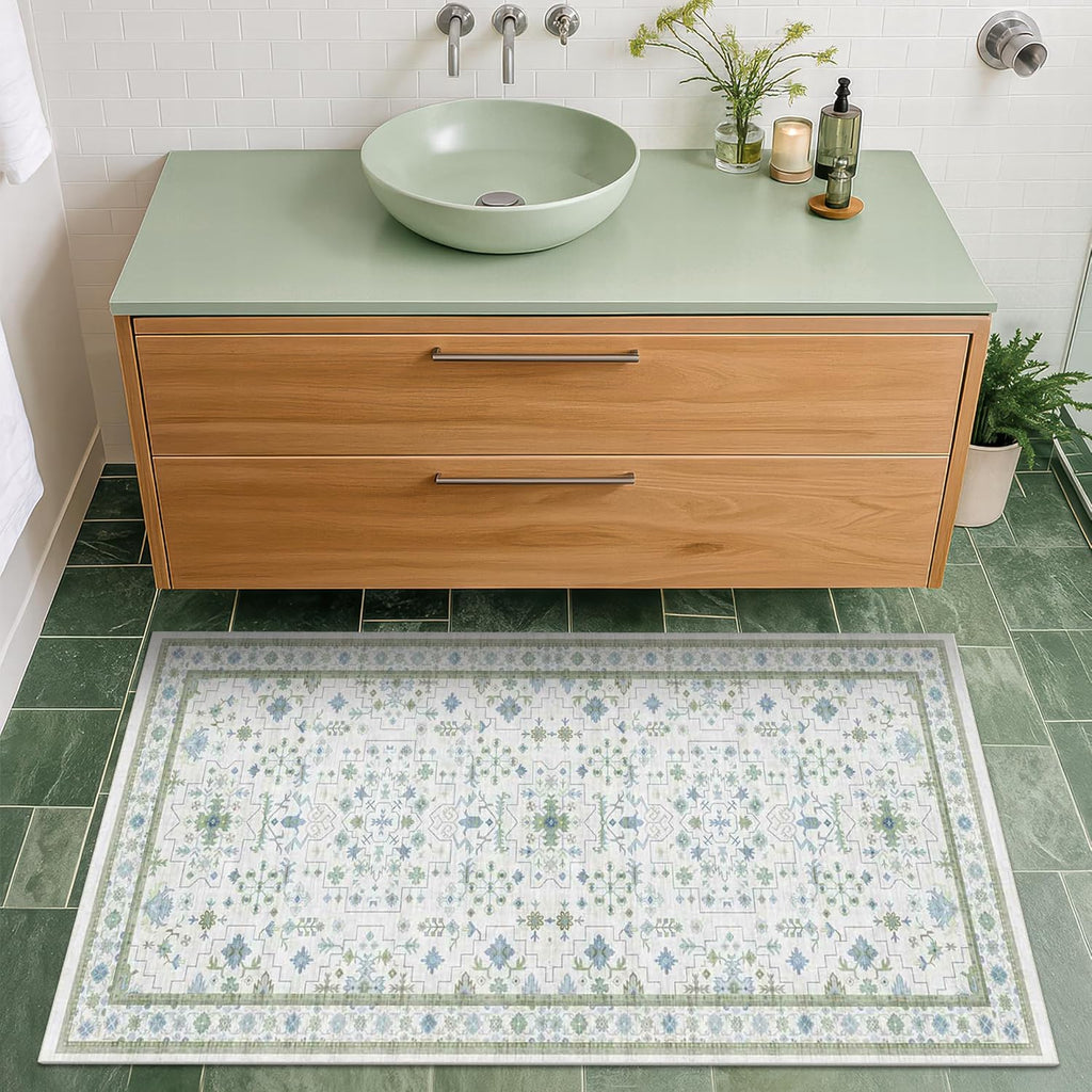Oushak Bathroom Rug - Cream Green & Blue Floral Design, Washable Low Pile, Non-Slip Rubber Backing, Small Size