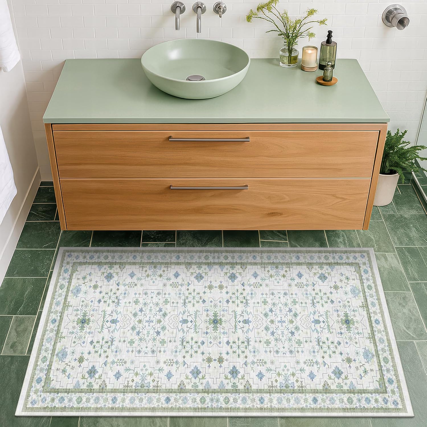 Oushak Boho Bathroom Rug - Cream Green & Blue Floral Design, Washable Non-Slip Low Pile, 2x4 ft