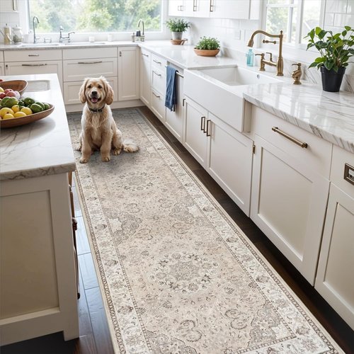 Hallway Washable Runner Rug - Vintage Soft Non-Slip Indoor Carpet for Entryway | 2x7 Beige