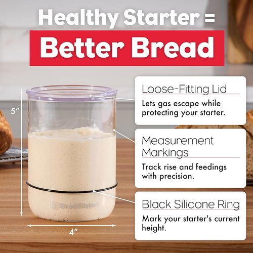 Brod & Taylor Sourdough Starter Jar - 32oz Dishwasher Safe Glass with Measurement Markings & Height Marker