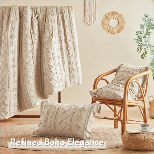MR&HM Beige Comforter Set Queen, Tufted Boho Bedding Set, Farmhouse Bed in a Bag Set 7 Pieces with 1 Comforter, 2 Pillow Shams, 2 Pillowcases, 1 Flat Sheet, 1 Fitted Sheet for All Seasons