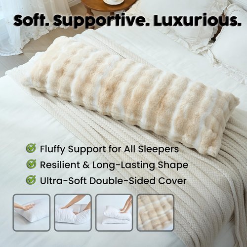 OMEO Winter Fluffy Full Body Pillow – Memory Foam Pregnancy Pillow, Nursing Pillow for Side Sleepers, Weighted Body Pillow for Adults, Beige Camel
