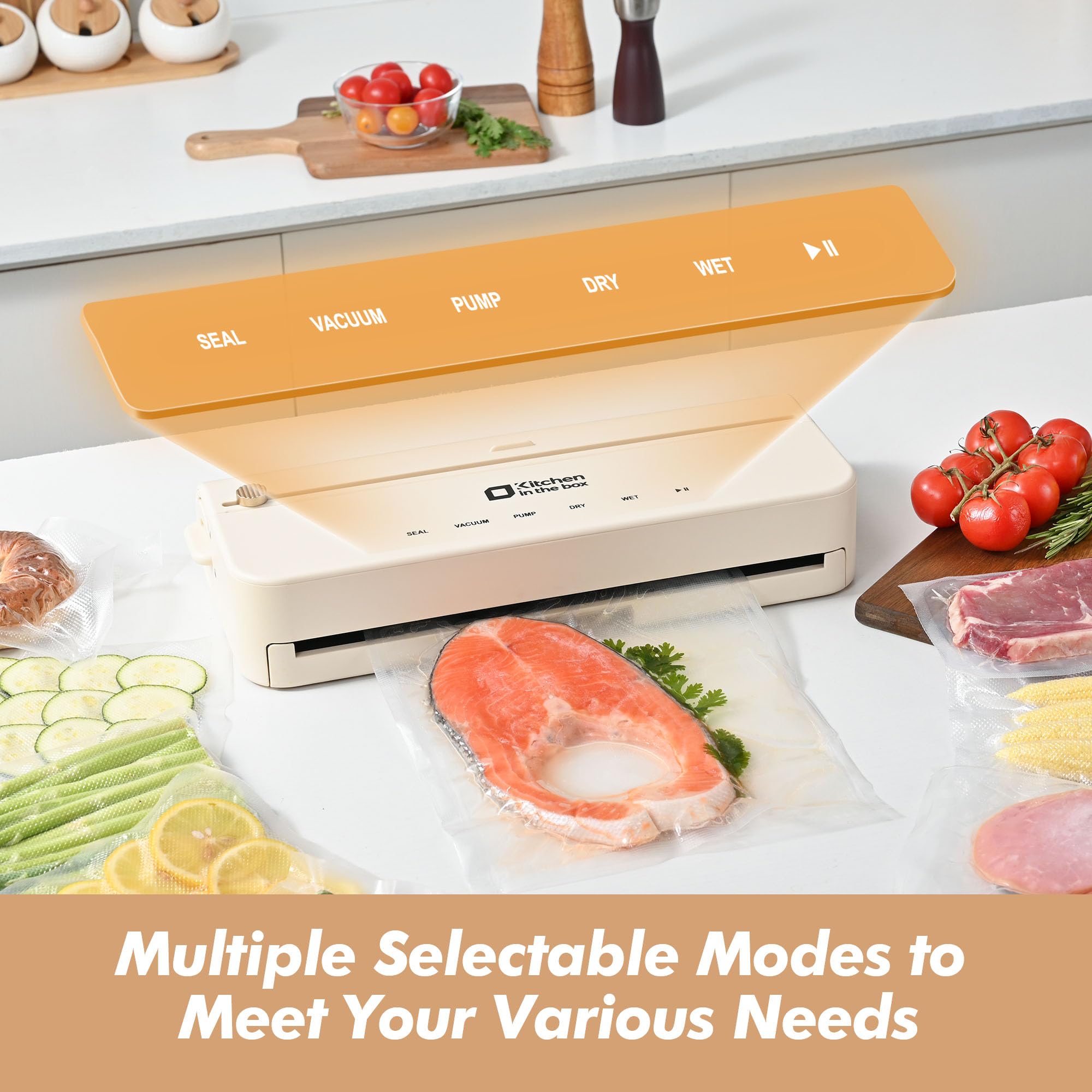 Kitchen Vacuum Sealer, Smart Vacuum Food Sealer with Built-in Bag Storage and Cutter Food Vacuum Storage with External VAC for Jar and Containers, Includes 5M Bag Rolls (silver)