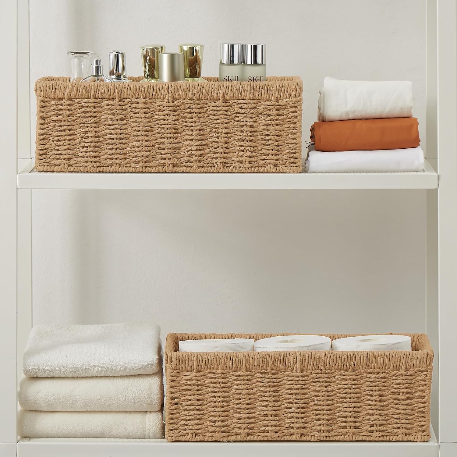Vagusicc Wicker Storage Basket - Natural Paper Rope Baskets with Handles | 2-Pack for Organizing