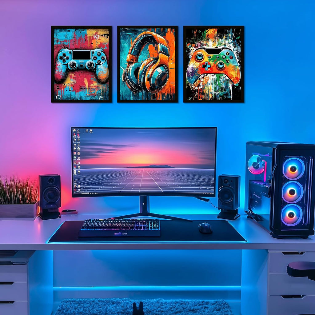 Skiennix Gaming Wall Art - Neon Watercolor Graffiti Gamepad Prints | 8x10 in, Set of 3 for Teen Boys