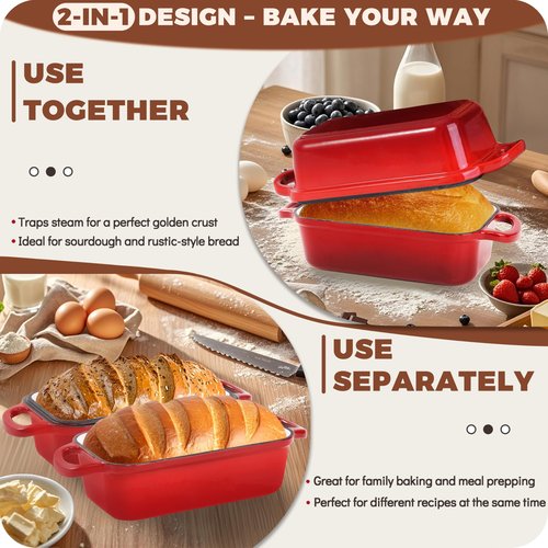 Articasting Cast Iron Bread Loaf Pan with Lid, 2 In 1 Loaf Pans for Baking Bread 9x5, Enameled Bread Pans for Homemade Bread, Sourdough, Even Heating Bread Dutch Oven, Red