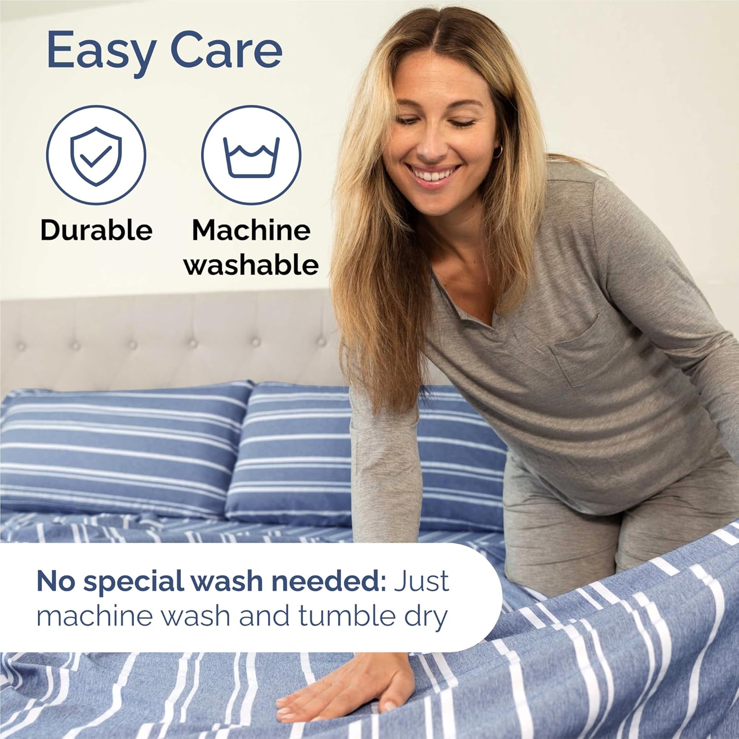 Split King Size 5-Piece Sheet Set | Comfy Cooling Bed Sheets - Luxury Hotel Quality - Deep Pockets - Blue Stripes