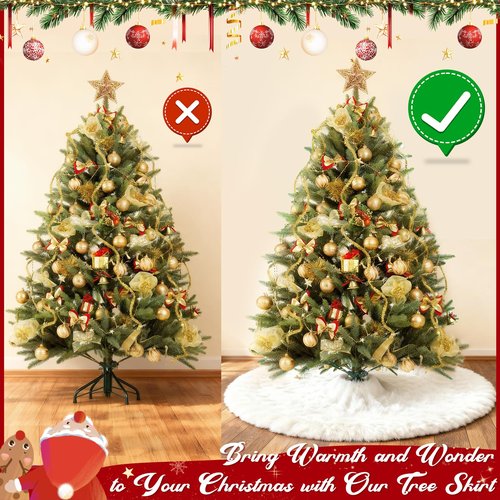 Christmas Tree Skirt, Deluxe 60 Inch Decoration Tree Skirt, White Faux Fur Soft Thick Plush Tree Base Cover, Large Round Area Mat for Home Merry Christmas Holiday Season Party