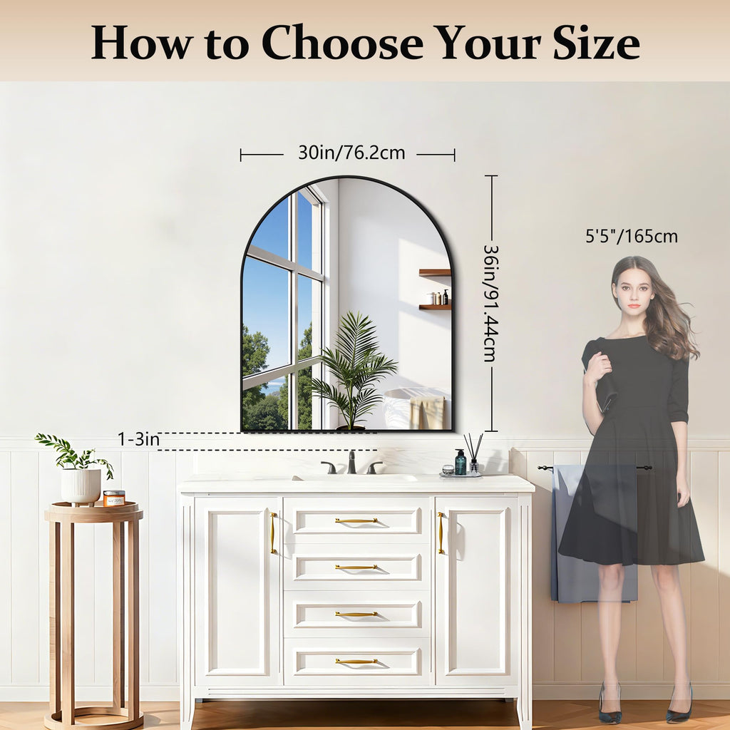 COFENY Black Arch Mirror, 30’’x36’’ Black Mirror for Bathroom, Wide Arched Bathroom Mirror with Metal Wall Mounted Mirror for Bedroom Living Room Entryway Modern