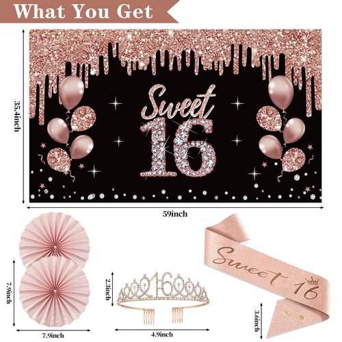 16th Birthday Decorations for Girls, 33pcs Sweet 16 Crown and Sash, Black Rose Gold Happy 16th Birthday Banner Balloons Backdrop Hanging Swirls Paper Fans, Sixteen Party Decorations Kit