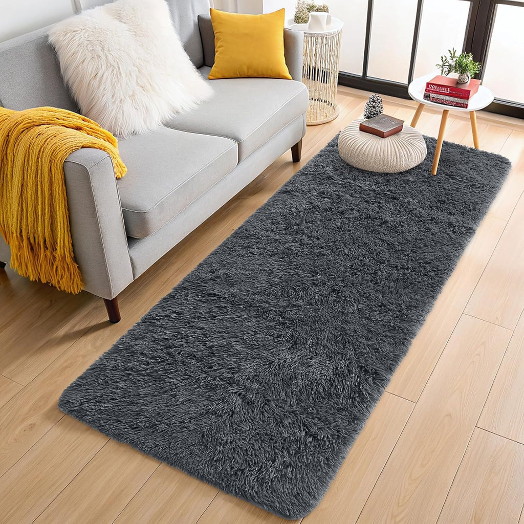 OLANLY Runner Rugs - 2x12 Machine Washable Soft Fluffy Shaggy Carpet for Bedroom & Hallway - Grey