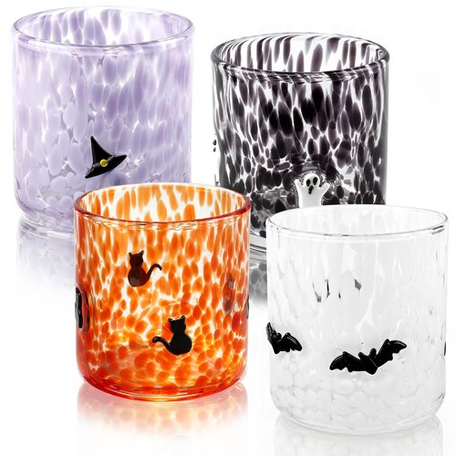 Kimburg 4 Pcs Halloween Icon Glass Cups, 16 oz Ghost, Bat, Wizard Hat, Cat Icon Juice Drinking Fall Glasses, Cute Glass Water Cups Coffee Tumblers Wine Glassware for Thanksgiving Birthday Party Gift