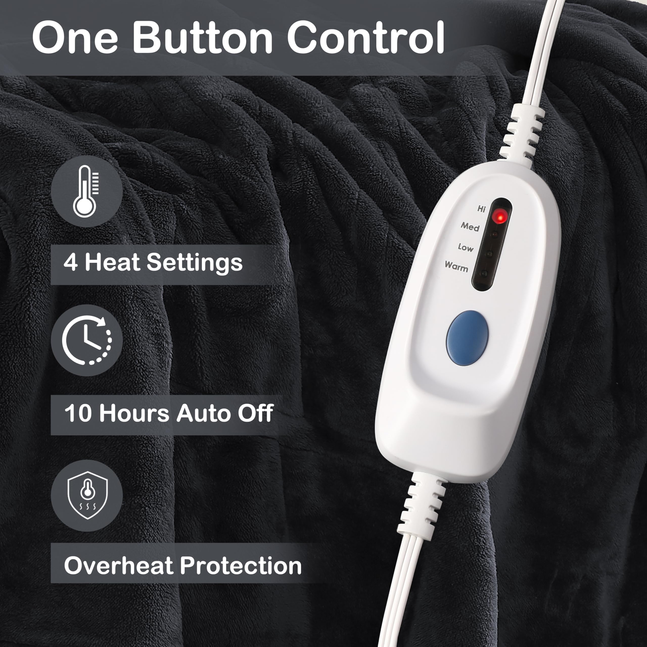 Eydna Electric Heated Blanket Full Size 72"x84",Fast Heating Throw, Soft Plush Microplush for Bed & Couch, 10 Hours Auto Off & 4 Heating Levels, Machine Washable, Gifts for Womens & Family-Black