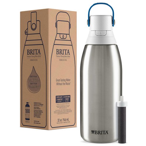 Brita Stainless Steel Premium Filtering Water Bottle, BPA-Free, Reusable, Insulated, Replaces 300 Plastic Water Bottles, Filter Lasts 2 Months or 40 Gallons, Includes 1 Filter, Stainless - 32 oz
