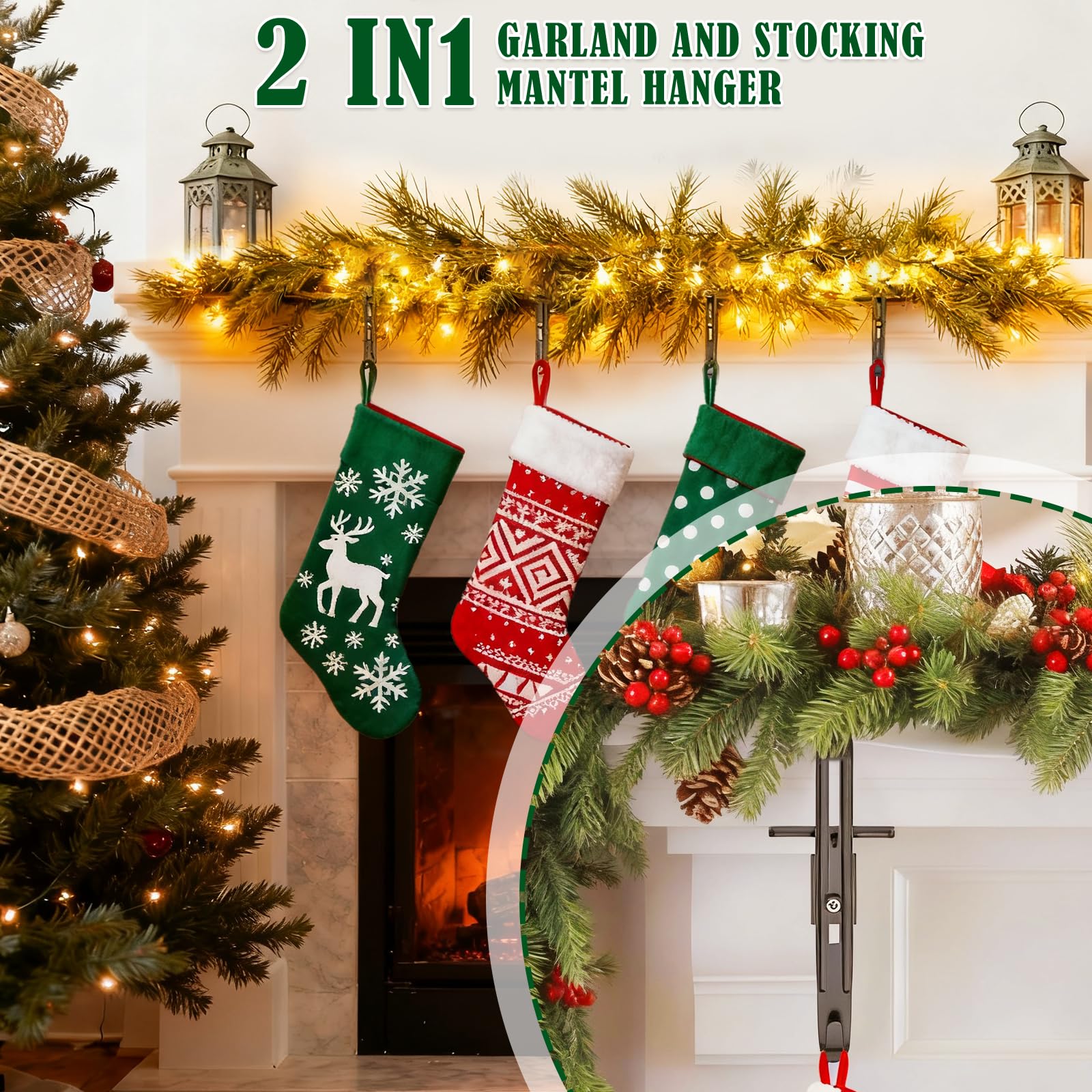 RGJ 6 Pack Christmas Fireplace Stocking and Garland Hanger, 2 in 1 Adjustable Mantle Garland Hanger, No Drill Stocking Holder Hanger for Mantle, Fits Mantles from 0.5" to 3.5" Thick