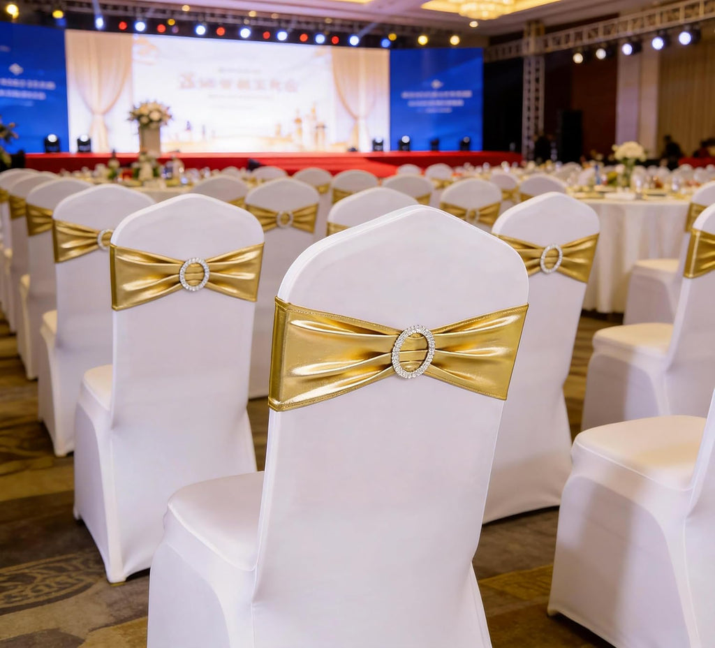 Skiennix Spandex Gold Chair Sashes - Pack of 50 for Weddings, Parties & Events | Elegant Metal Bow Design