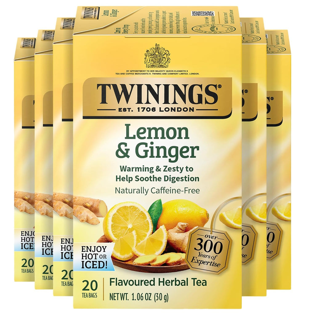 Twinings Lemon & Ginger Herbal Tea - Caffeine-Free, Tangy & Spicy, 120 Individually Wrapped Bags