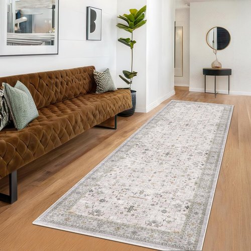 Hazo Haus Light Gray Kitchen Rug - Modern Boho Floral Design, Washable Non-Slip Runner 3x10 ft