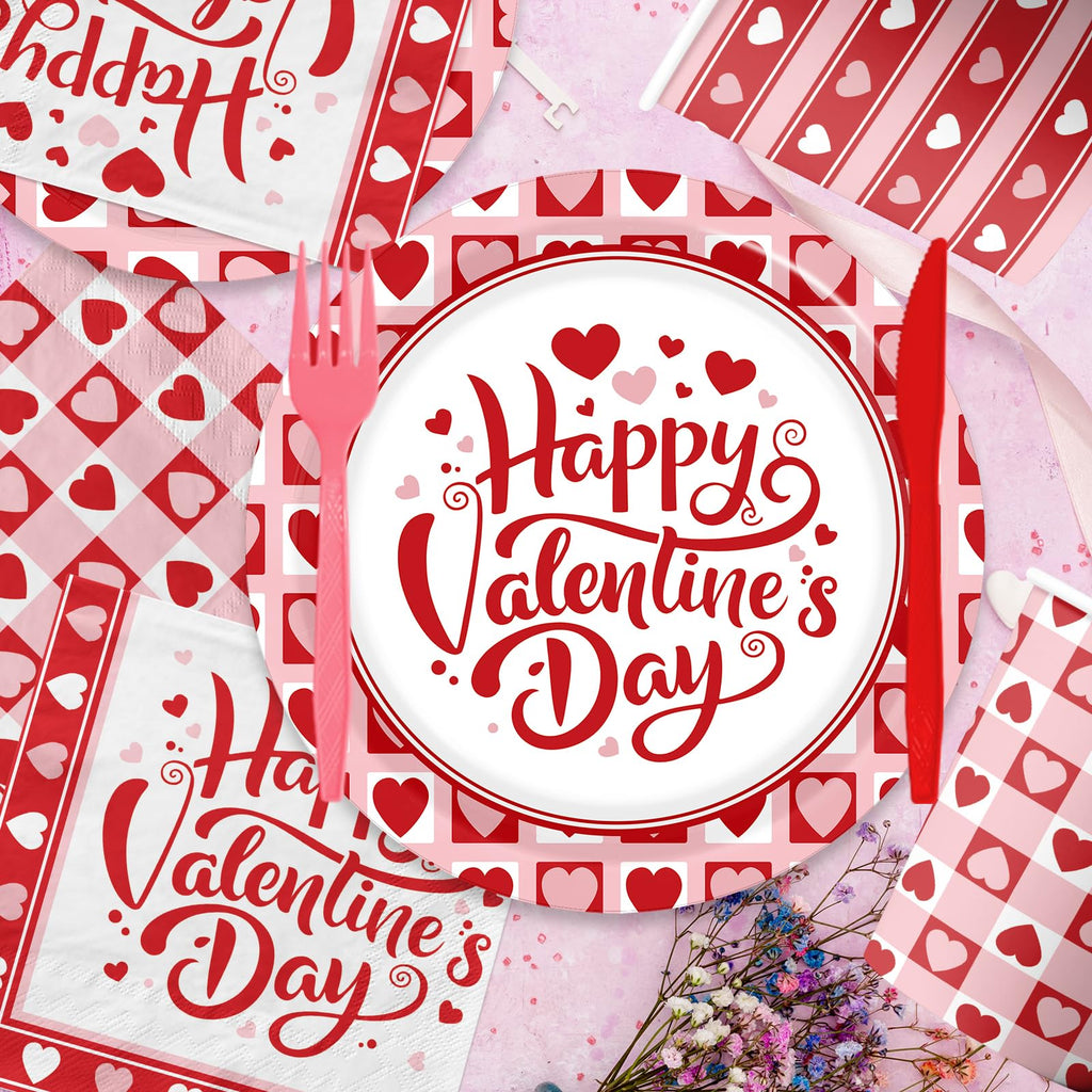 144Pcs Valentine's Day Party Plates and Napkins,Valentines Day Party Supplies Red Pink Love Heart Valentines Day Theme Tableware Set for Valentine Birthday Wedding Serve 24