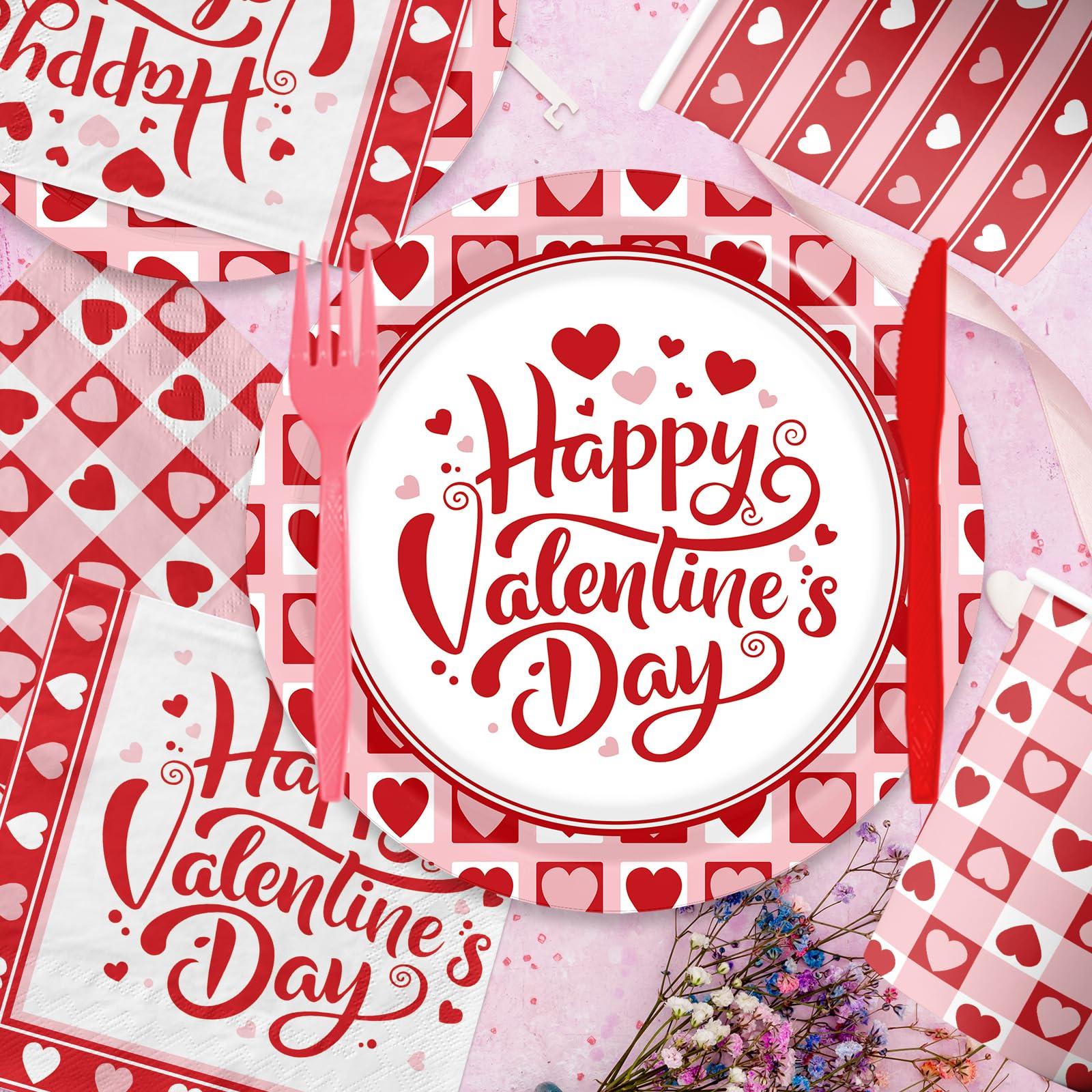 144Pcs Valentine's Day Party Plates and Napkins,Valentines Day Party Supplies Red Pink Love Heart Valentines Day Theme Tableware Set for Valentine Birthday Wedding Serve 24