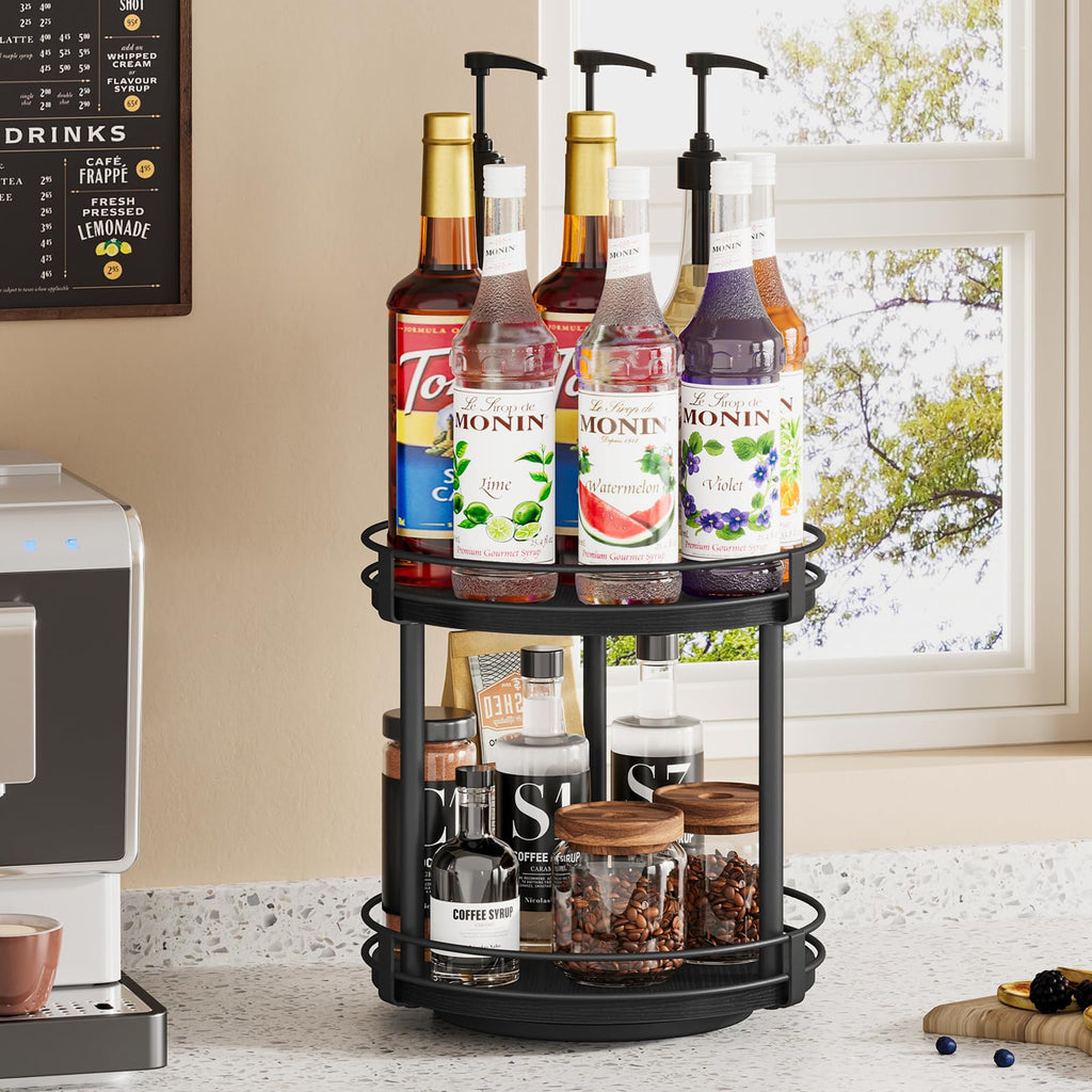 Snughome Lazy Susan Spice Rack, 2 Tier Rotating Spice Rack, Wood Lazy Susan Organizer for Cabinet, Black Kitchen Counter Shelf, 10.2" x 10.2" x 10.4"