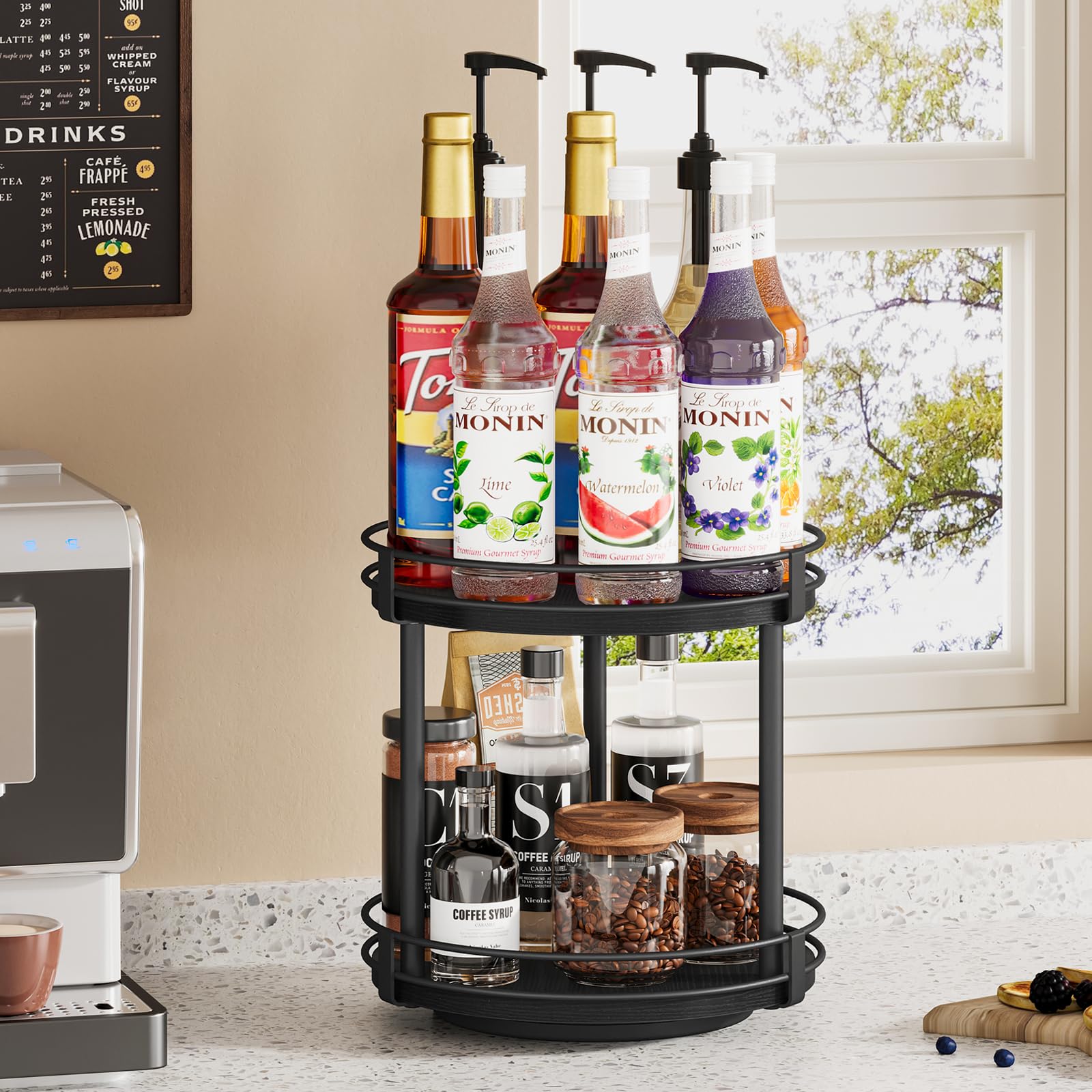 Snughome Lazy Susan Spice Rack, 2 Tier Rotating Spice Rack, Wood Lazy Susan Organizer for Cabinet, Black Kitchen Counter Shelf, 10.2" x 10.2" x 10.4"