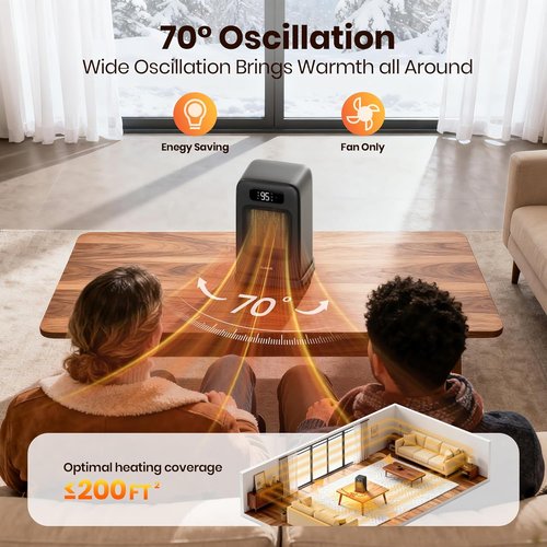 FLANUR 1500W Space Heater - Compact Desk Heater with Remote, Thermostat & 12H Timer | Oscillating Black Design for Home & Office