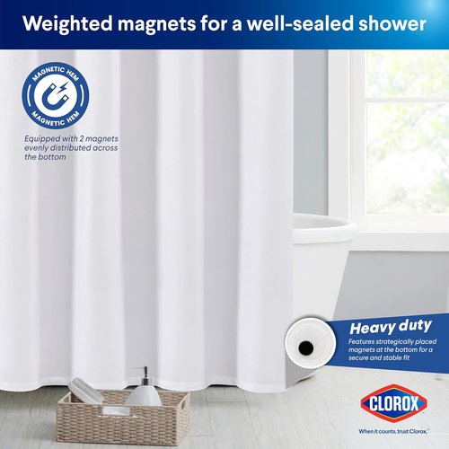 Clorox 2-in-1 Bathroom Shower Curtain Liner - Durable Fabric, Weighted Magnets, 72" x 72", White