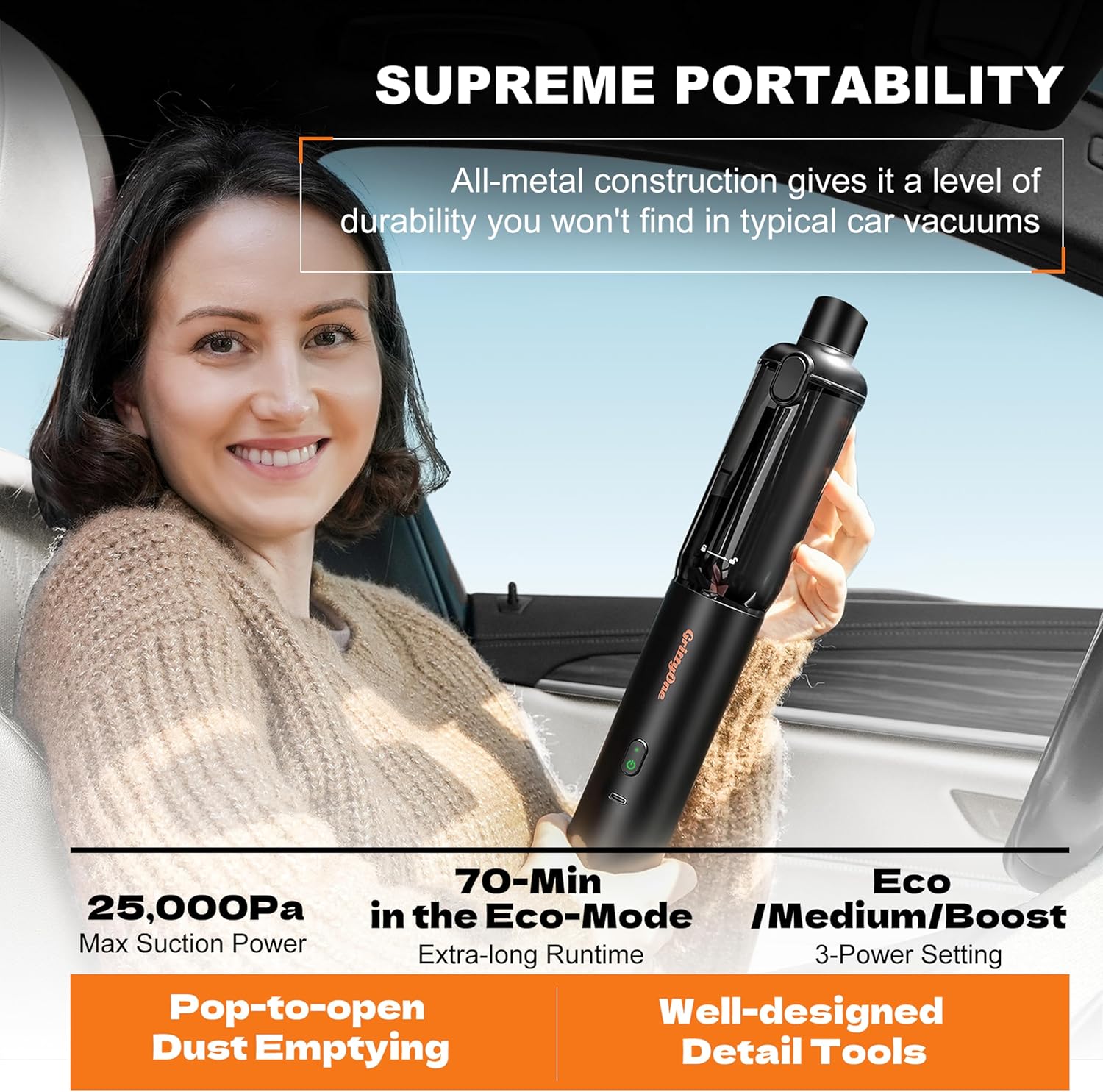 Skiennix Portable Cordless Car Vacuum - 25,000Pa Suction Power | 70-Minute Battery Life, HEPA Filters, Versatile Tools, Black
