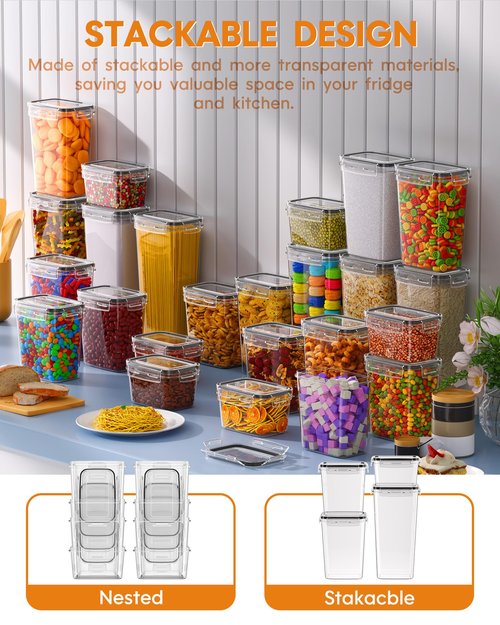 Airtight Food Storage Containers with Lids, 15 PCS Kitchen and Pantry Organization Canisters, BPA-Free, PVC-Free, Food-grade Plastic Leak-proof Jars for Cereal, Flour, Sugar, Extra 24 Labels & Marker