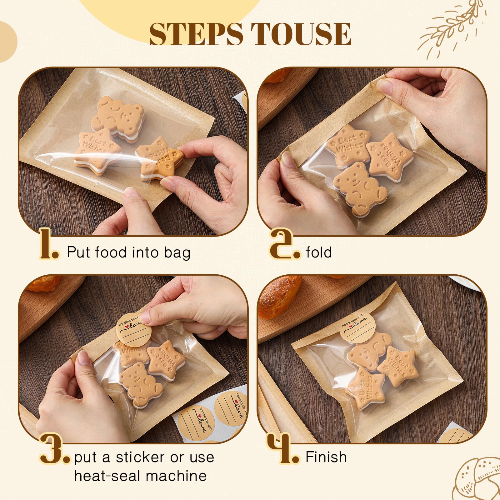 Outus 100 Pcs Cookie Packaging Bags with Seal, 4 x 4 Inch Bakery Pastry Bags with Window, Heat Sealable Grease Resistant Paper to Go Bake Sleeves for Gift Giving Donut Bread Sandwich (Brown)