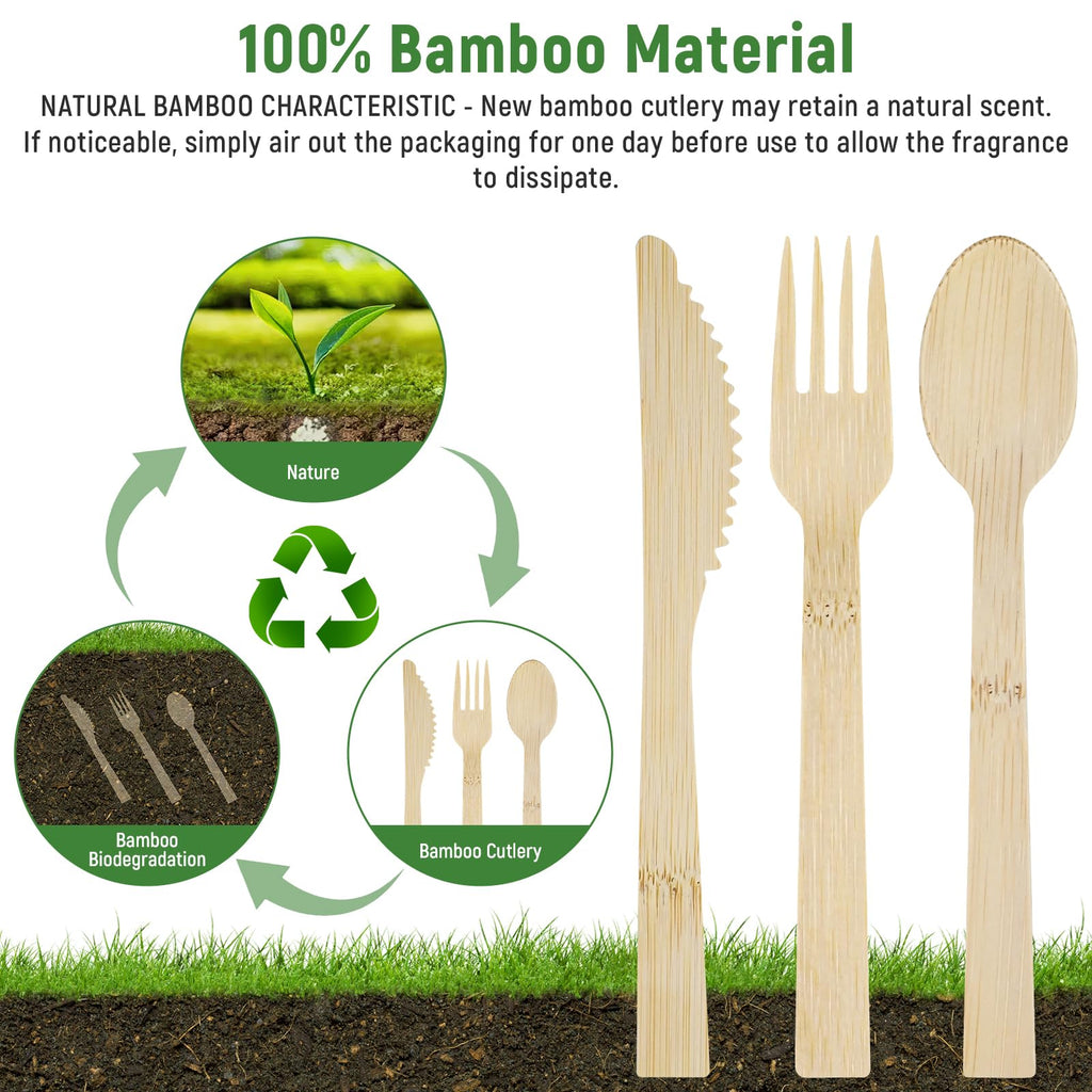 100Pack Pre Rolled Bamboo Utensils - Pre Rolled Bamboo Cutlery Set(100 Forks, 100 Knives, 100 Spoons, 100 Napkins), Wrapped Wooden Cutlery, Biodegradable Wrapped Cutlery for Party, Wedding, Events