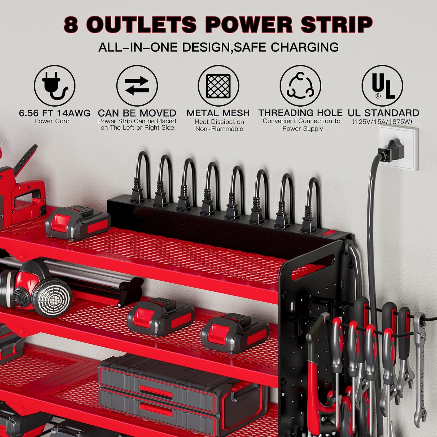 NattyDot Power Tool Organizer - Wall Mount Charging Station with 8 Drill Holders & 4 Layer Storage Rack (Red)