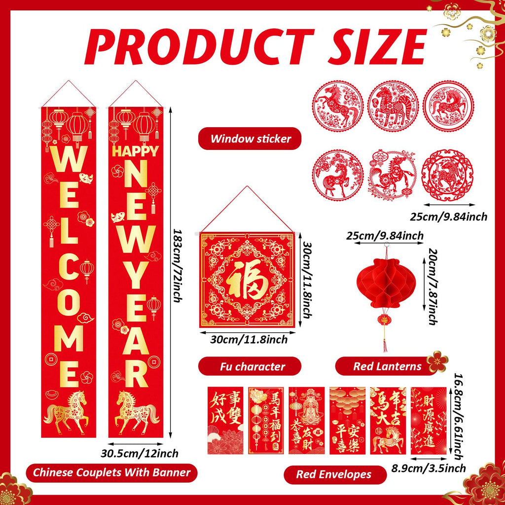 Marspark 20 Pcs Chinese New Year Decorations 2026 Set, Lunar Year Banner Decor Couplet Chunlian Fu Character Red Paper Lanterns Porch Sign Window Decor Envelope for Spring Home Office Festival Party