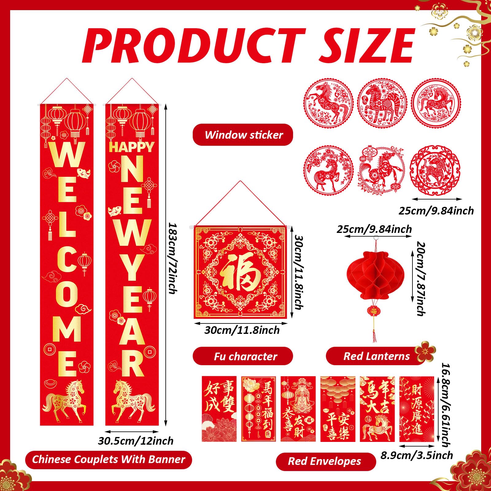Marspark 20 Pcs Chinese New Year Decorations 2026 Set, Lunar Year Banner Decor Couplet Chunlian Fu Character Red Paper Lanterns Porch Sign Window Decor Envelope for Spring Home Office Festival Party