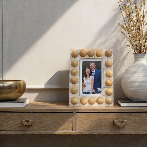 Creative Co-Op Handmade Marbled Resin Bobbin Photo Frame, Cream