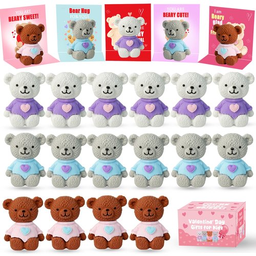 24pcs Valentines Day Gifts for Kids,Valentines Day Cards with Bear Erasers,Valentine Bulk Erasers School Classroom Students Exchange Gifts Party Favors