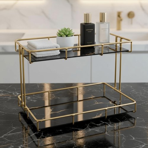 Léazora 2-Tier White Marble Bathroom Countertop Organizer – Glass Shelves & Gold Metal Frame, Elegant Vanity Storage Shelf for Perfume, Skincare, Makeup & Toiletries